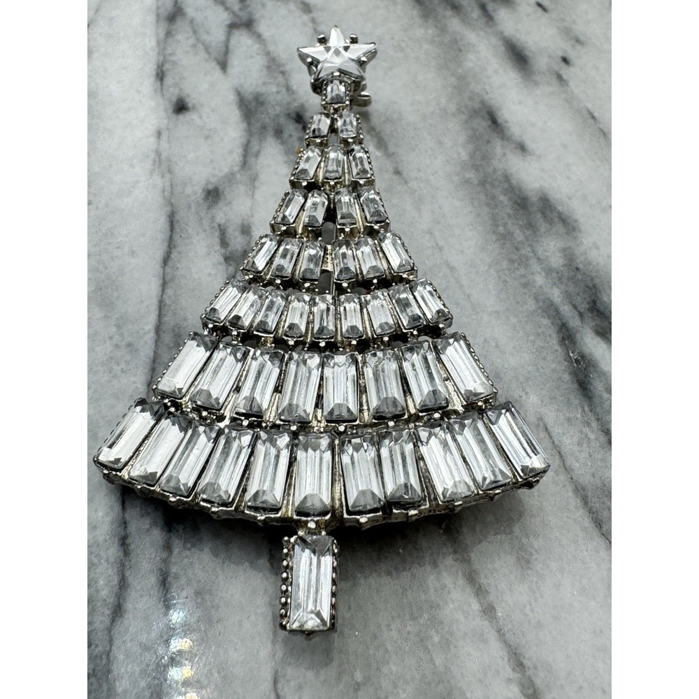 Christmas Tree Rhinestone Brooch Silver Tone Baguette Crystal Holiday‎ Pin